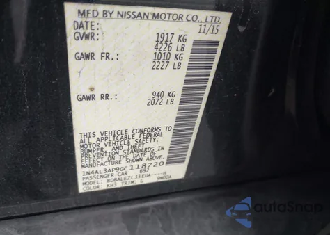 2016 Nissan Altima 2.5 S z USA, uszkodzony, nr VIN 1N4AL3AP9GC118720